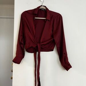 Burgundy red tie up blouse by Boohoo